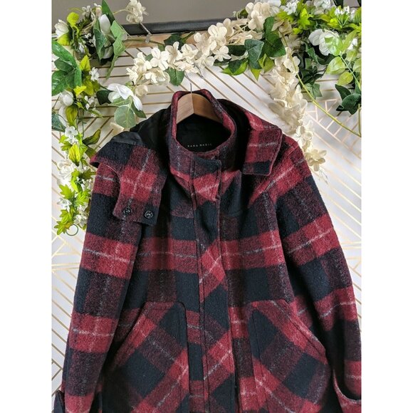 Zara Basic Plaid Jacket Coat Wool Size Small Blue Red Hooded - Picture 5 of 8